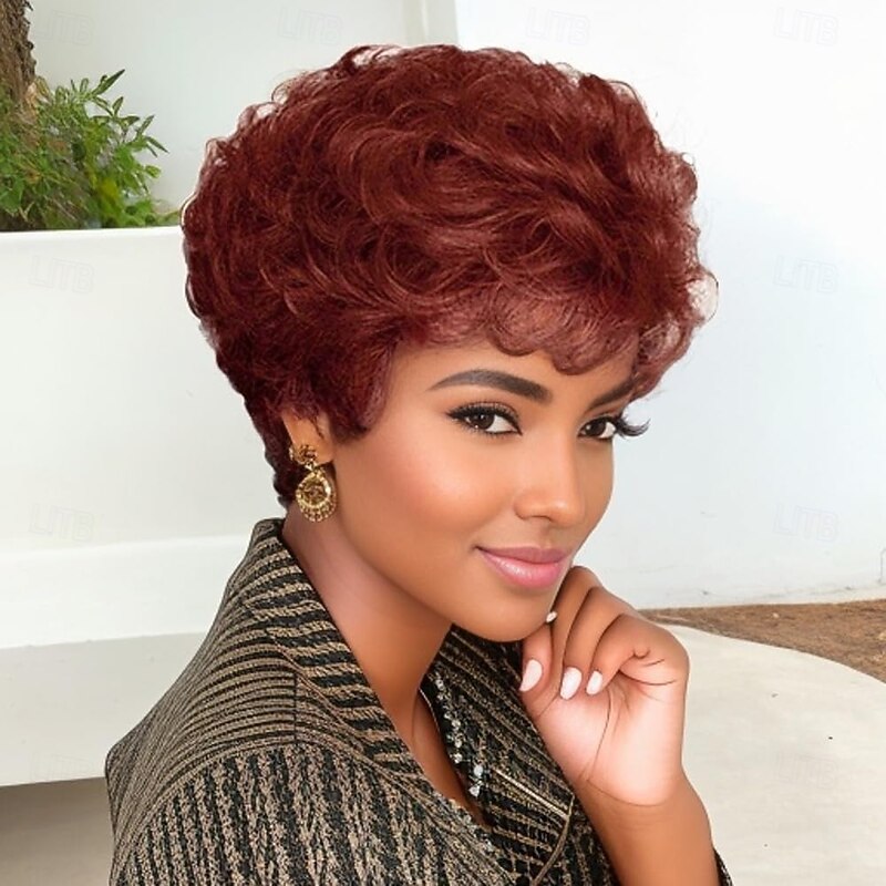 Synthetic Hair Auburn Wig With Bangs Womens Short Wigs Natural Curly Hairstyle Mommy Wigs Old Lady Costume Halloween Seniors Woman Red Shades Brown Wig3