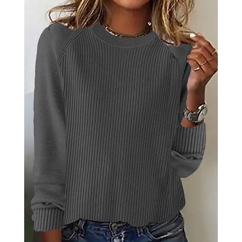 Women's Sweater Pullover Daily Stylish Casual Solid Color Ribbed Crew Neck Knitted Long Sleeve Regular Tops Knit Daily Holiday Going out Black Yellow Fall Winter3