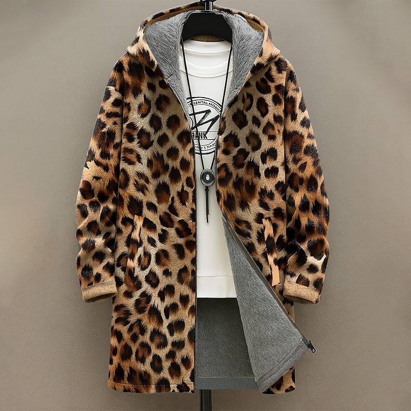 Men's Graphic Leopard Print Winter Coat Fleece Jacket Coat Thermal Warm Comfortable Casual Daily Wear Zipper Pocket 3D Print Fall Winter Hooded Long Sleeve Yellow Blue Brown