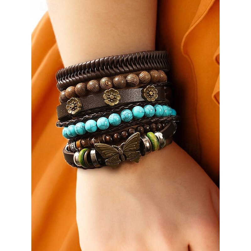 Women's Bohemian Leather and Wooden Beaded Bracelet Set – Vintage Butterfly Charm, Multilayer Turquoise Stack for Casual, Travel and Summer Festivals