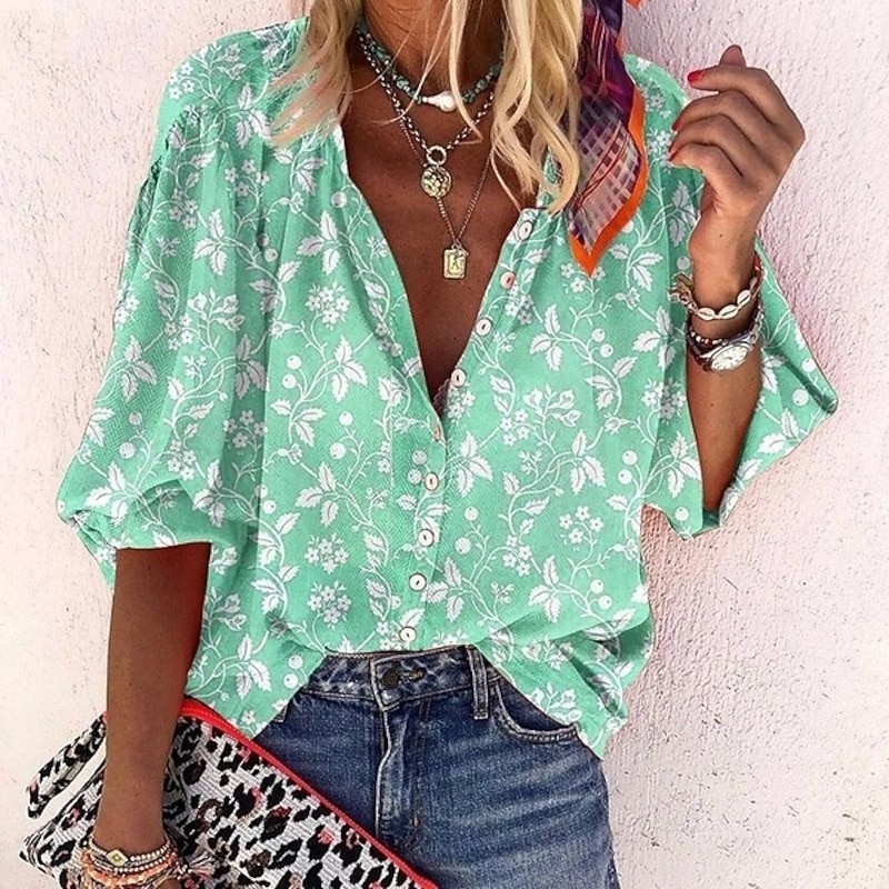 Women's Blouse Floral Graphic Vintage Daily Casual 3/4 Length Sleeve V Neck Regular Tops Daily Holiday Beach Wear Print Pink Blue Purple Green Khaki Spring Fall2