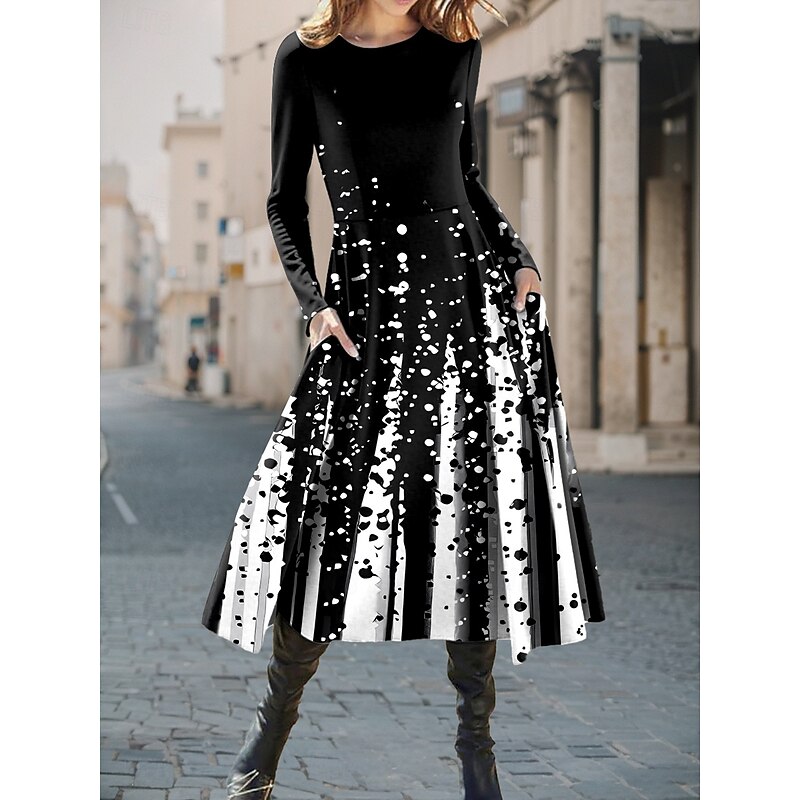 Women's Midi Dress A Line Dress Fit And Flare Dress Casual Daily Regular Fit Graphic Geometric Long Sleeve Crew Neck White Red Blue Purple Fall Winter