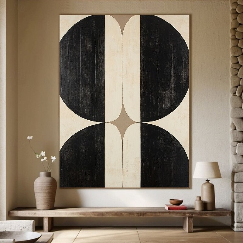 Handmade Geometric Abstract Oil Painting Symmetrical Black Semicircles Cream Beige Background Textured Impasto Brushstrokes Central Bronze Diamond Layered Paint Minimalist Art Modern Wall Decor4
