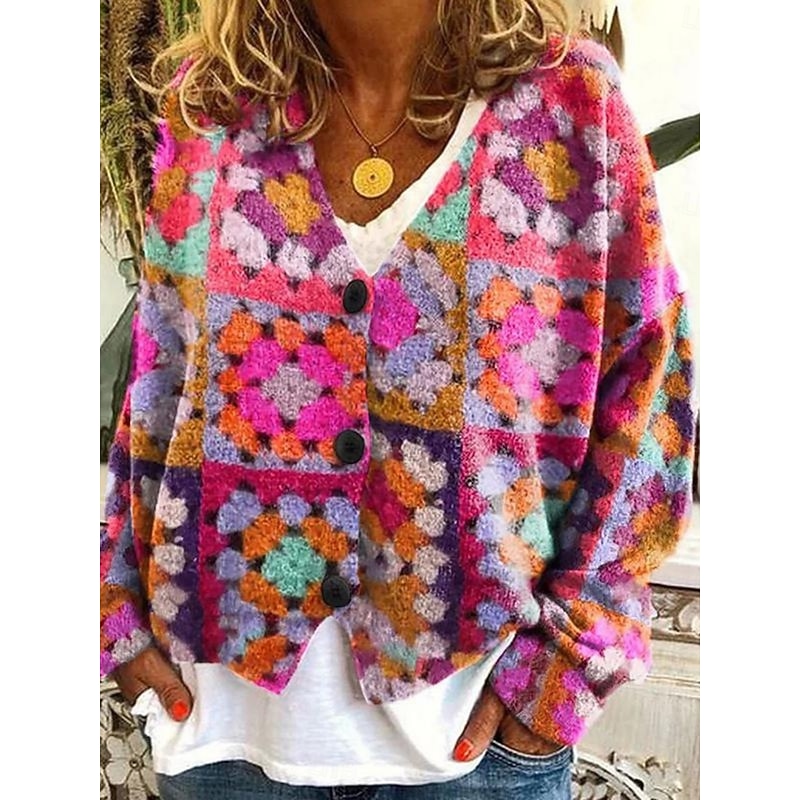 Women's Cardigan Sweater Knitted Ribbed Button Front V Neck Long Sleeve Lightweight Elegant Fashion Streetwear Floral Graphic Geometric Patchwork Buttons Knit Outdoor Daily Weekend Fall Winter4