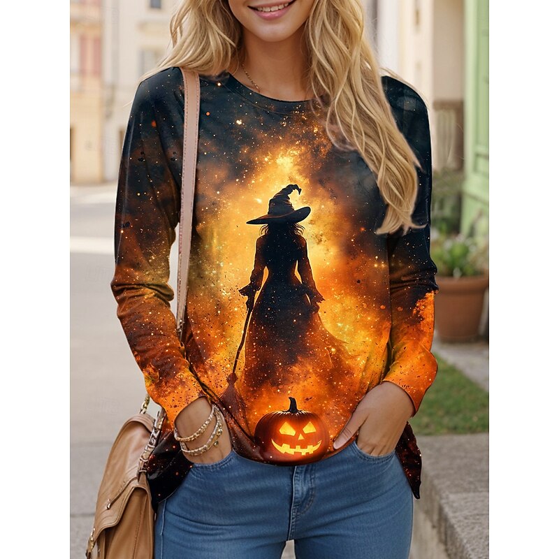 Halloween Women's T shirt Witch Graphic Vintage Stylish Casual Long Sleeve Crew Neck Regular Tops Daily Weekend Print Red Blue Purple Orange Green Summer Spring Fall
