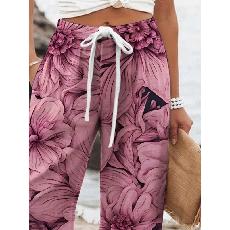 Women's Wide Leg Pants Trousers Vacation Casual Long High Waist Floral Elastic Waist Printing High Cut Breathability Soft Micro-elastic Vacation Street Daily Wear Fuchsia Spring Fall Regular Fit2