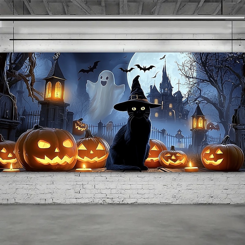 Halloween Garage Door Cover Witch Cat Ghost Pumpkin Lantern Banner Haunted House Backdrop Tapestry for Outdoor Decoration3