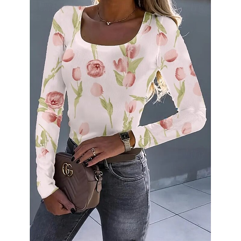 Easter Women's Tunic Floral Graphic Plants Vintage Fashion Stylish Long Sleeve Square Neck Regular Tops Daily Print White Light Green Pink Spring Fall3