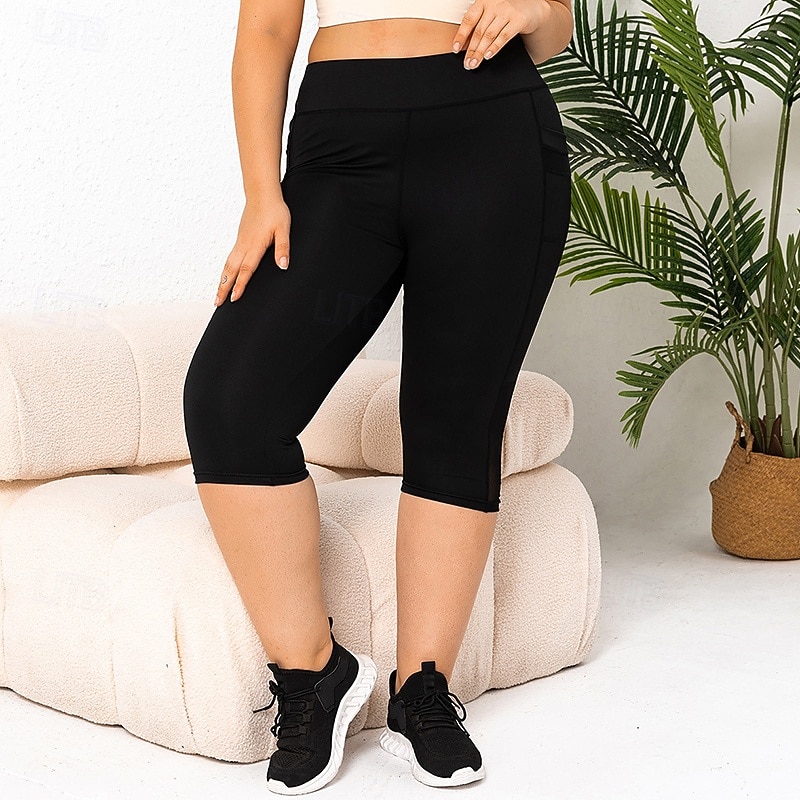 Women's Cropped Leggings Yoga Leggings with Pockets Large Size Tummy Control High Waist Gym Athletic Running Bottoms Solid Color Black Grey Fall Sports Activewear2