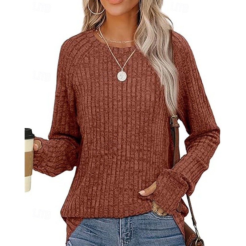Women's Texture Sweatshirt T Shirt Tee Top Plain Fashion Modern Long Sleeve Crew Neck Regular Tops Daily Going out Black Wine Army Green Light Brown Blue Spring Fall