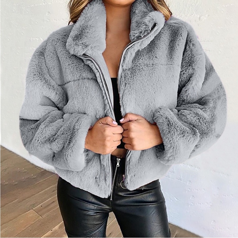 Women's Winter Coat Teddy Coat Faux Fur Coat Warm Comfortable Zipper Outdoor Casual Plain Street Holiday Going out Weekend Zipper Short Turndown Regular Fit Long Sleeve Outerwear Black Pink Blue Fall2