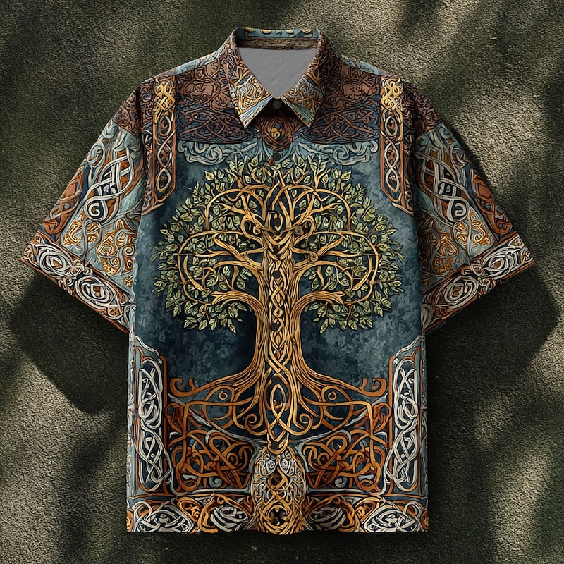 Men's Celtics Tree Of Life Shirt Summer Shirt Button Up Shirt Short Sleeve Vintage Retro Dailywear Holiday Summer Spring Turndown 3D Print Collared Shirts Front One Pocket Blue green Blue Brown Green