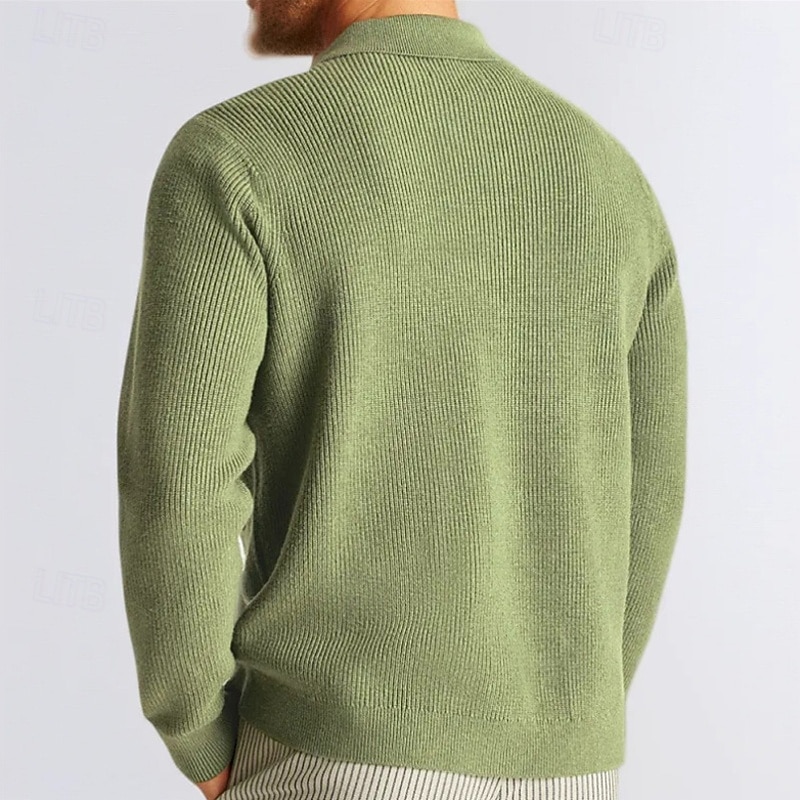 Men's Cardigan Sweater Cropped  Sweater Knit Sweater Ribbed Knit Regular Tops Button Up Pocket Plain Lapel Fashion Classic Vacation Daily Wear Clothing Apparel Fall Winter Green khaki M L XL2