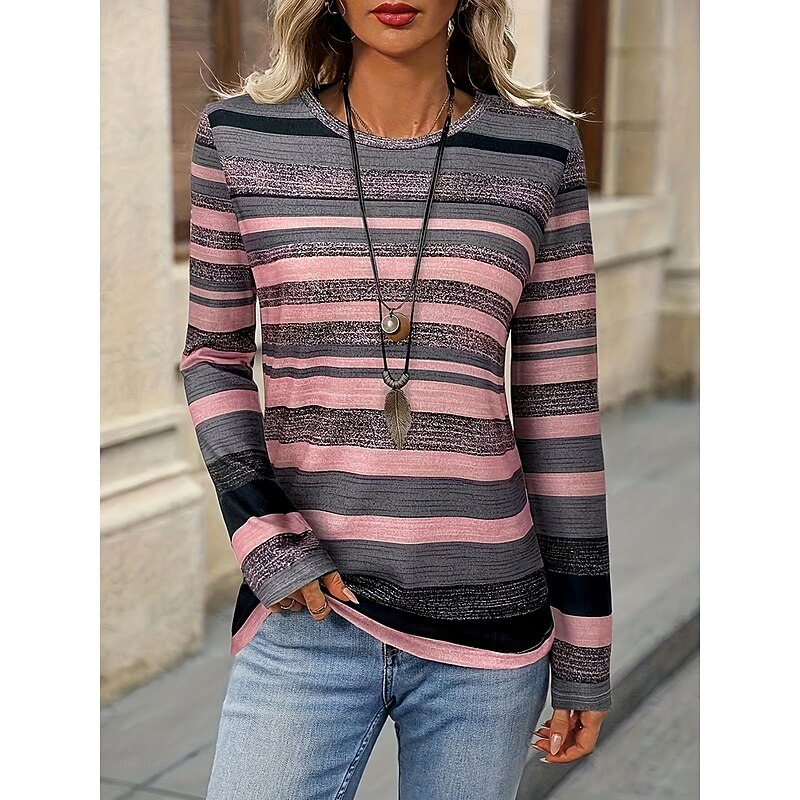 Women's T Shirt Graphic Geometric Striped Vintage Stylish Classic Long Sleeve Crew Neck Round Neck Regular Tops Daily Print Dusty Rose Spring Fall Winter2