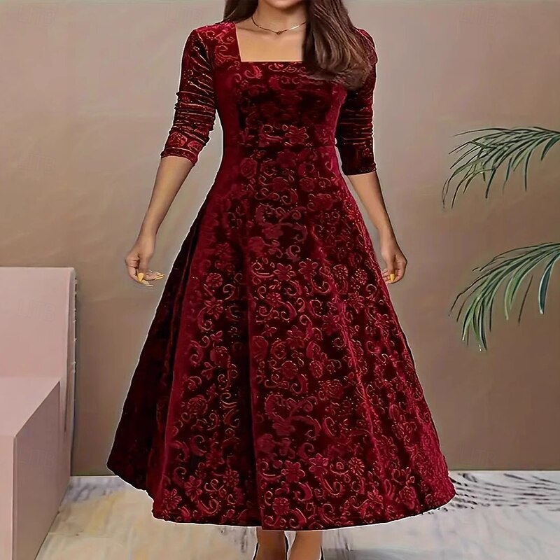 Women's Maxi Dress Sheath Dress A Line Dress Fit And Flare Dress Party Birthday Formal Party Wedding Guest Birthday Regular Fit Plain Long Sleeve Square Neck Black Wine Green Spring Fall Winter Autumn