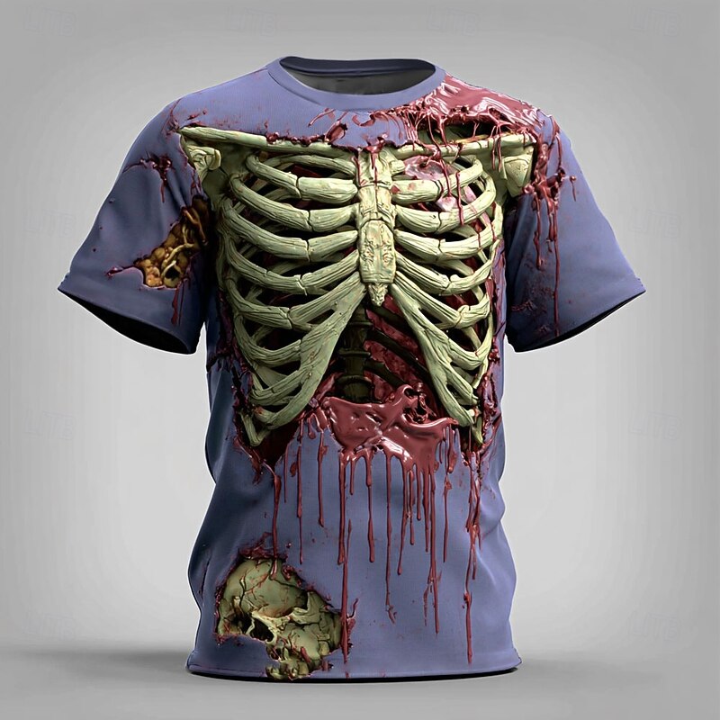 Halloween Men's Optical Illusion 3D Skeleton T Shirt Short Sleeve T shirt 3D Print Crew Neck Shirt Exaggerated Designer Horror Party Street Holiday Yellow Blue Purple Summer Spring All Seasons2
