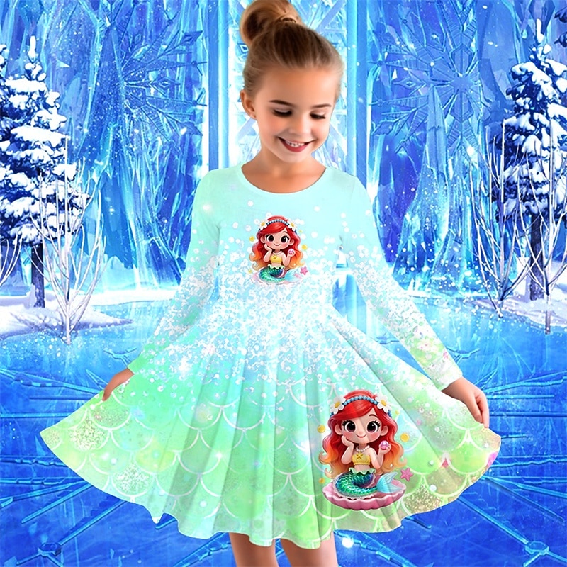 Girls' 3D Mermaid Dress Long Sleeve Summer Spring Vacation Daily Holiday Princess Beautiful Sweet Kids 4-12 Years Casual Dress A Line Dress Knee-length Regular Fit3