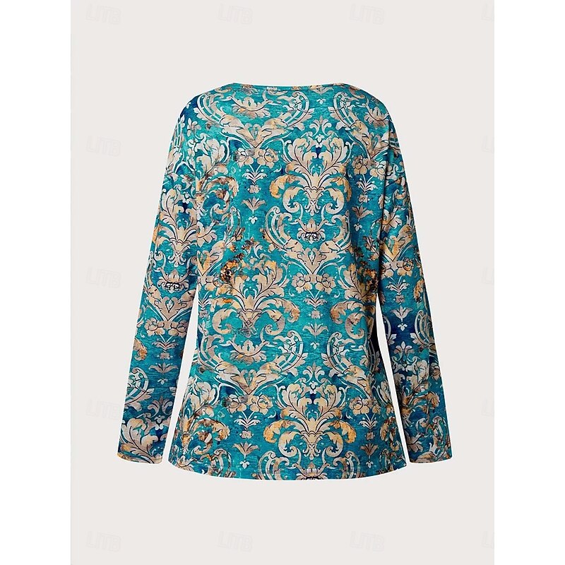 Women's T shirt Long Sleeve Graphic Geometric Plants Basic Long Sleeve Pile Neck V Neck Regular Tops Daily Sports Weekend Buttons Print Green Gray Spring Fall Winter Prefall3