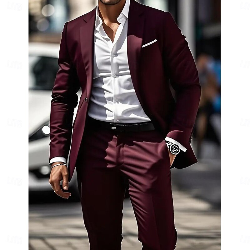 Men's Business Casual Wedding Suits Notch Lapel Burgundy Formal Solid Colored Slim Fit 2 Piece Single Breasted One-button