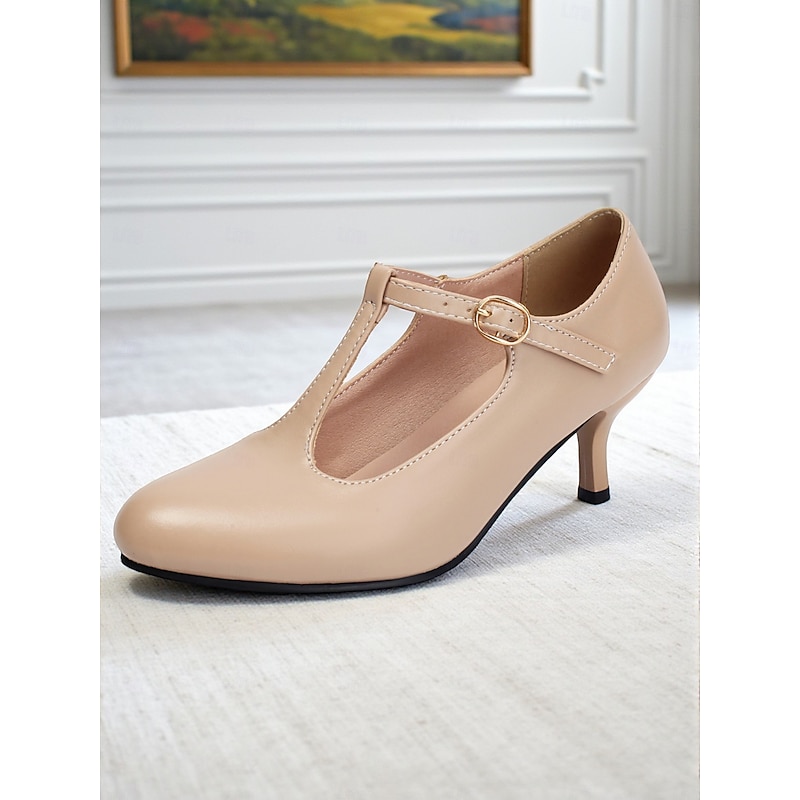 Women's Beige T-Strap Kitten Heel Pumps - 1950s Vintage Round Toe Dress Shoes for Autumn Winter Commute,Office Outfits and Elegant Vintage Tea Parties