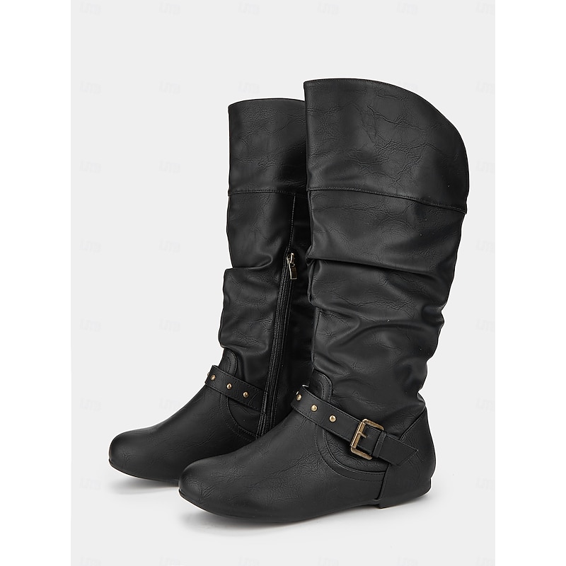 Women's Black Faux Leather Knee-High Slouch Boots – Side Zip and Buckle Strap Detail, Riding & Fall Fashion2