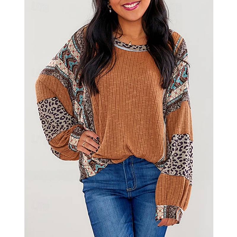 Women's Texture Sweatshirt Pullover Sweatshirt Sweatshirts Leopard Color Block Streetwear Casual Long Sleeve Crew Neck Regular Tops Street Holiday Going out Patchwork Wine Brown Fall Winter2