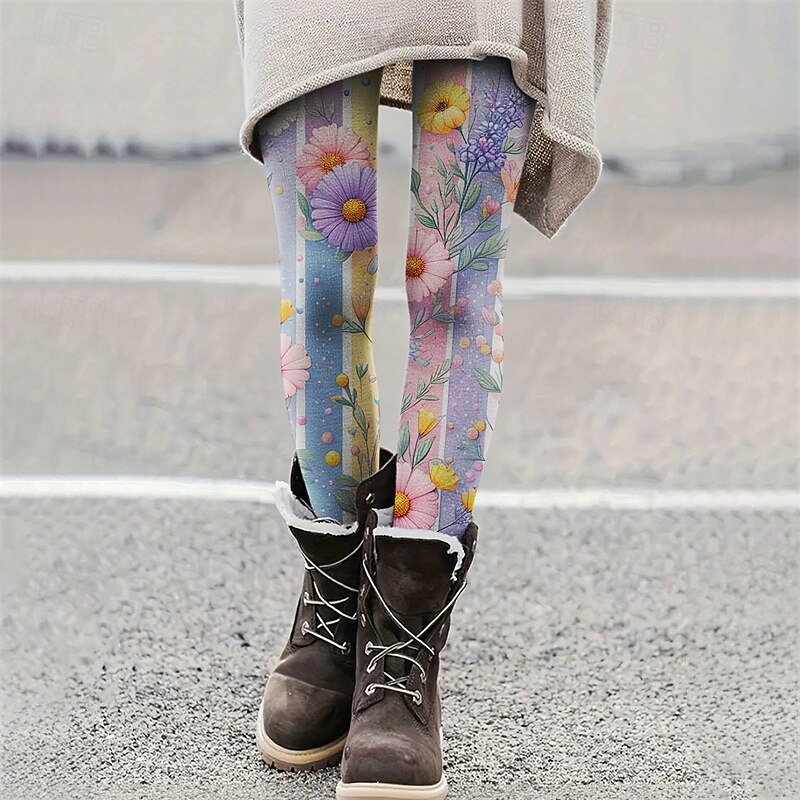 Women's Pants Trousers Leggings Cozy Leggings Streetwear Casual Full Length High Waist Floral Elastic Waist Print Breathability Comfortable Stretchy Vacation Street Daily Wear Yellow Blue Purple3