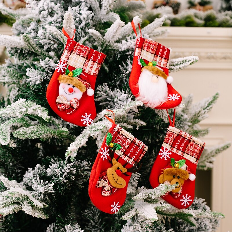 4Pcs Christmas Stockings,Bells, Snowflake Santa Claus Snowman Reindeer Gift Bags, Holiday Party Decoration Supplies4