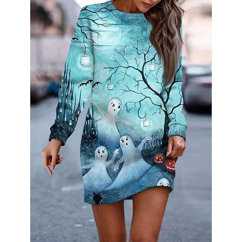 Halloween Women's Sweatshirt Dress Ghost Print Mini Dress Shift Dress Casual Weekend Regular Fit Graphic Long Sleeve Crew Neck Black Blue Orange Gray Spring Fall Winter3