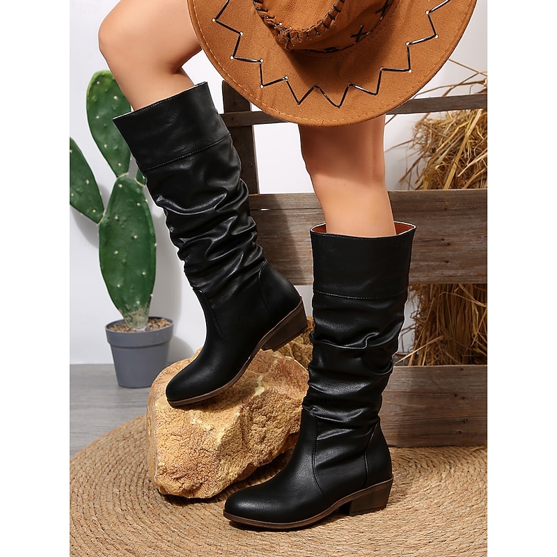 Women's Dark Brown Faux Leather Knee-High Slouch Boots – Stylish Low Heel Boots for Autumn & Winter Outfits