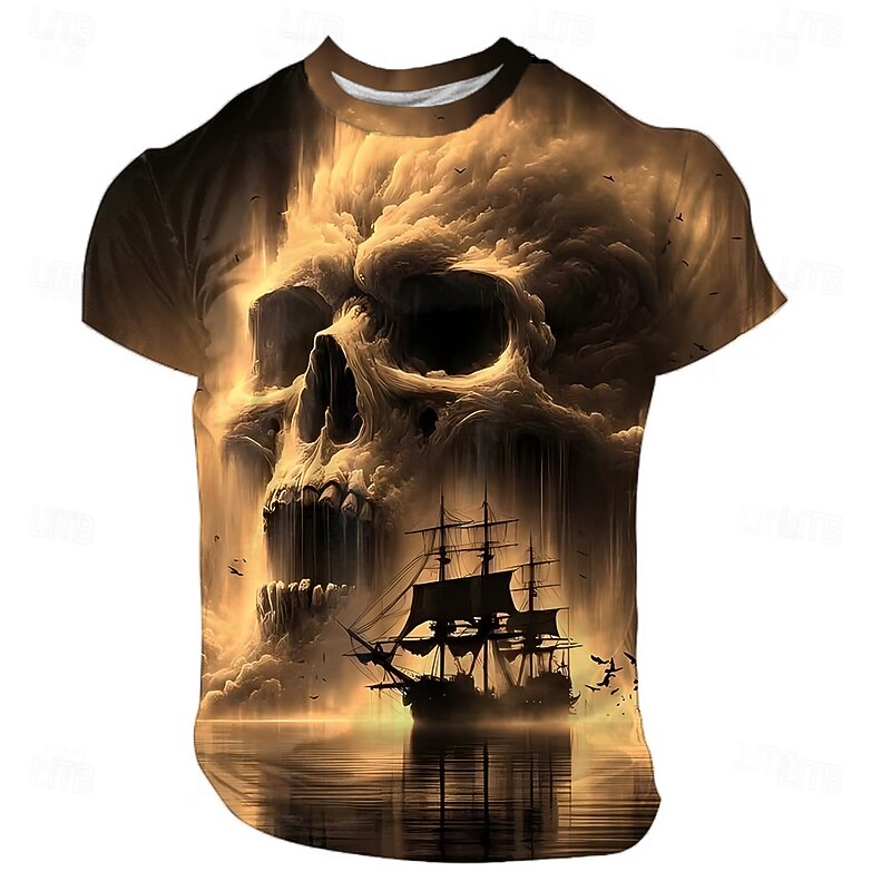 Halloween Men's Skull Optical Illusion 3D T Shirt Short Sleeve T shirt 3D Print Crew Neck Shirt Exaggerated Designer Horror Party Street Holiday Rust Red Yellow Blue Summer Spring All Seasons