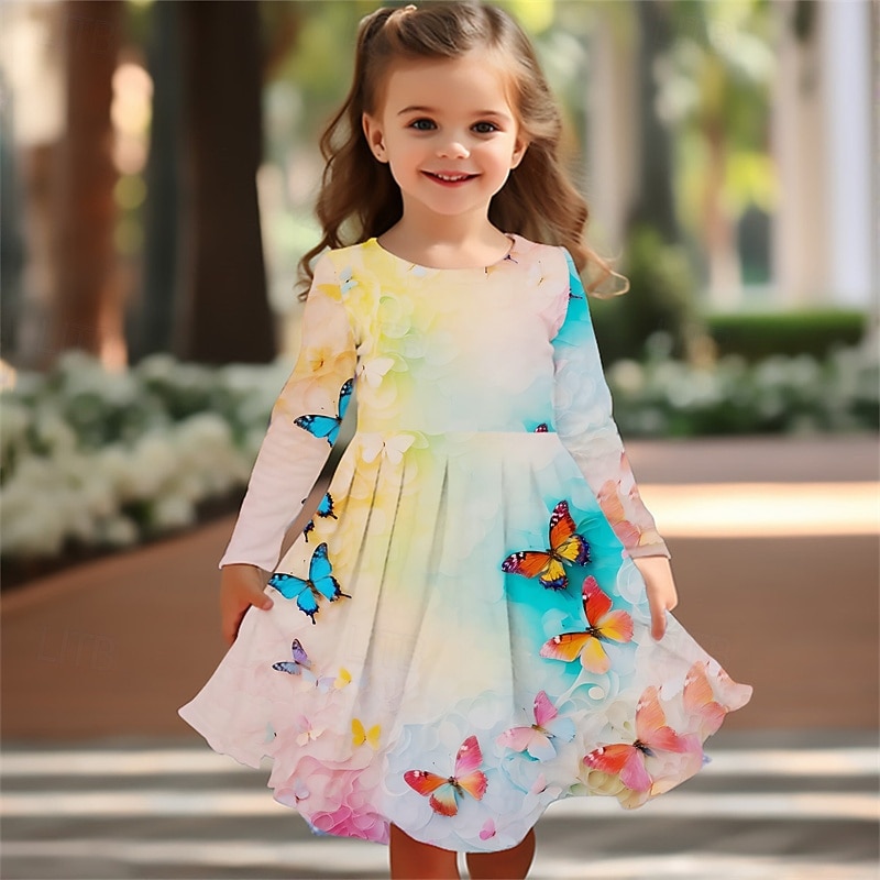 Girls' 3D Floral Butterfly Dress Long Sleeve Summer Spring Vacation Daily Holiday Princess Beautiful Sweet Kids 4-12 Years Casual Dress A Line Dress Knee-length Regular Fit