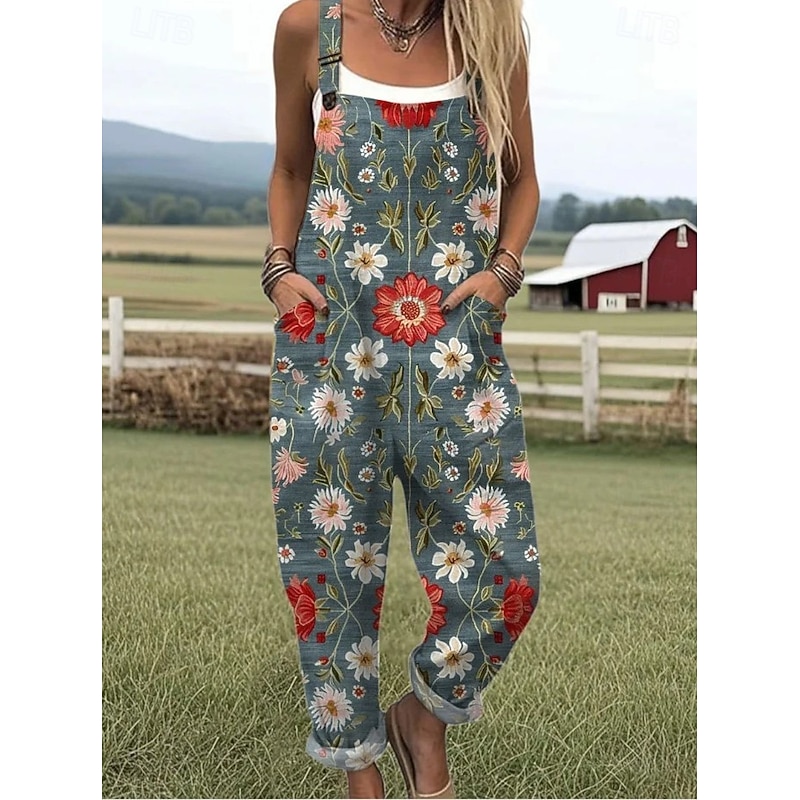 Women's Dungarees Active Floral Sleeveless Harem Drawstring with Pocket Vacation Street Loose Fit Black White Blue Summer