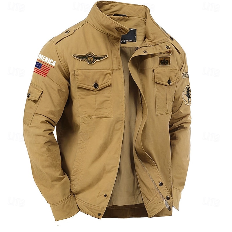 Men's Cotton Embroidered Military Jacket Windbreaker with Shoulder Straps Long Sleeve Standing Collar Multi-Pockets Trucker Jacket US Flag Print Tactical Outerwear3