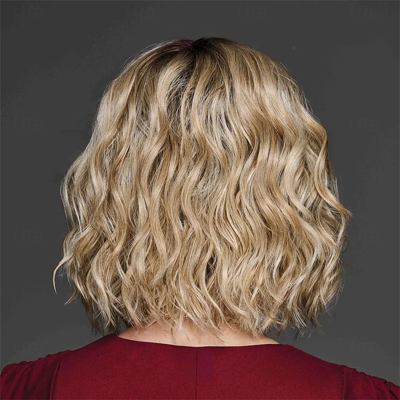Women’s Blonde Highlight Short Bob Wig with Bangs Natural Looking Realistic Synthetic Hair Heat Resistant Wavy Layered Cut Dark Roots Elegant Daily Wear Fashion Style4