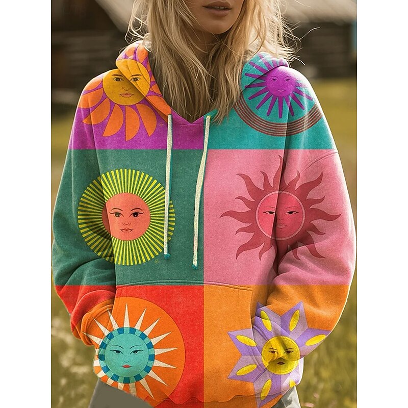 Women's Pullover Hoodie Sweatshirt Graphic Rainbow Casual Boho Long Sleeve Hooded Regular Tops Street Dailywear Print Front Pocket Yellow Pink Blue Orange Fall Winter3