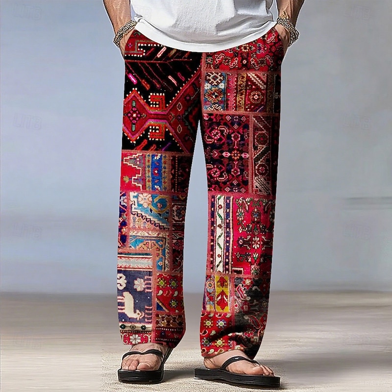 Men's Geometric Ethnic Indian Culture Pants Trousers Casual Pants Mid Waist Drawstring Elastic Waist Bohemian Vintage Retro Outdoor Vacation Straight Leg Trousers Summer Spring Fall 3D Print Red