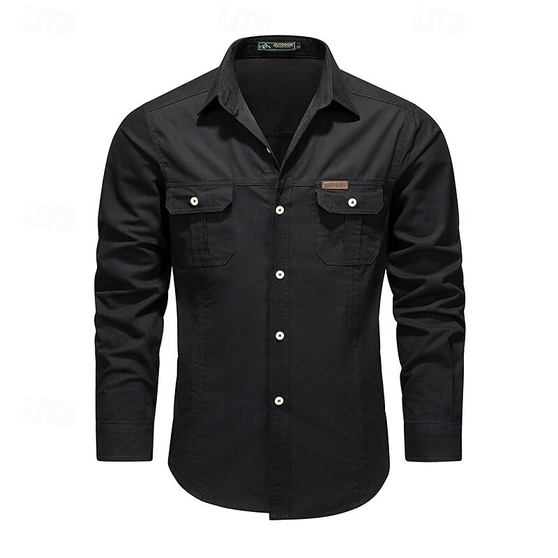Men's Cargo Shirt Hiking Shirt Long Sleeve Turndown Top Outdoor Breathable Cotton Black Army Green Khaki Hunting Workout Traveling3