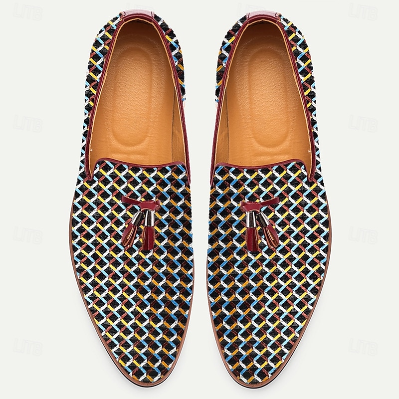Men's Jacquard Fabric Loafers with Tassels – Stylish Slip-On Dress Shoes for Casual Parties, Weddings and Evening Events4