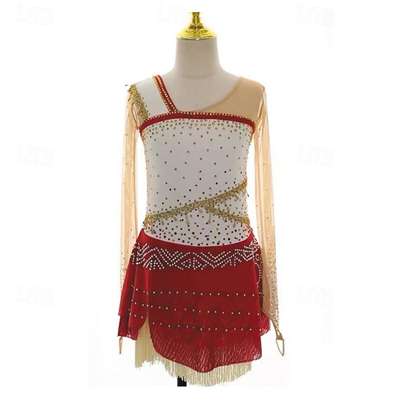 Figure Skating Dress Women's Girls' Ice Skating Dress Red White Patchwork Thumbhole Mesh Spandex Stretchy Training Practice Professional Skating Wear Thermal Warm Crystal / Rhinestone Long Sleeve Ice2