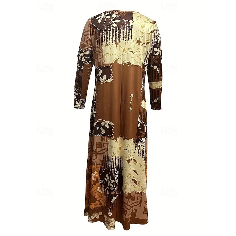 Women's Maxi Dress Sheath Dress A Line Dress Casual Boho Wedding Guest Daily Going out Regular Fit Floral Graphic Long Sleeve Crew Neck Brown Spring Fall Winter Autumn3