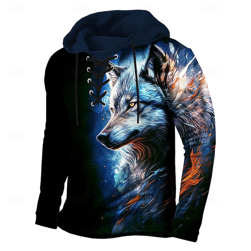 Men's Wolf 3D Print Hoodie Sweatshirt Stylish Vintage Retro Hooded Streetwear Yellow Blue Drawstring Fall Winter Designer