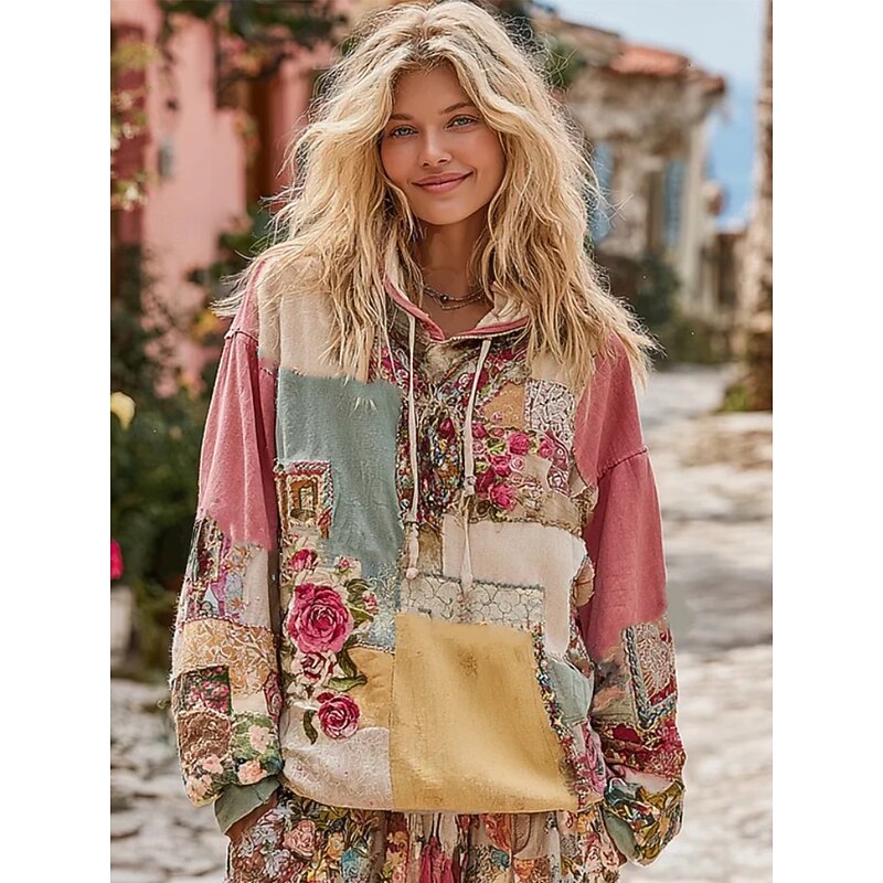Women's 3D Print Vintage Boho Hoodie Patchwork Hoodie Sweatshirt Floral Pullover Sweatshirt Oversized Casual Graphic Floral Warm Active Hooded Street Dailywear Patchwork Pink Spring Fall Winter
