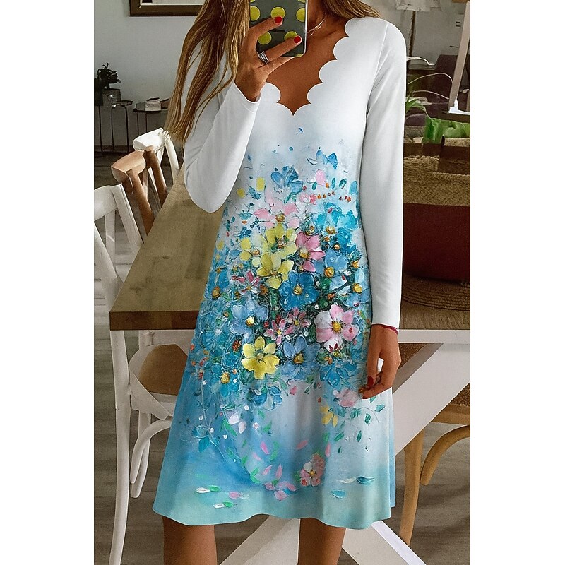Easter Women's Mini Dress Shift Dress Casual Boho Daily Regular Fit Floral Graphic Long Sleeve V Neck Blue Purple Green Spring Fall Winter Autumn