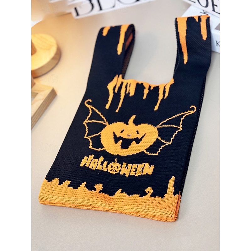 Women's Halloween Tote Bag – Knitted Pumpkin and Bat Pattern Trick or Treat Handbag, Casual Reusable Shoulder Bag for Party, Shopping and Holiday Gift4