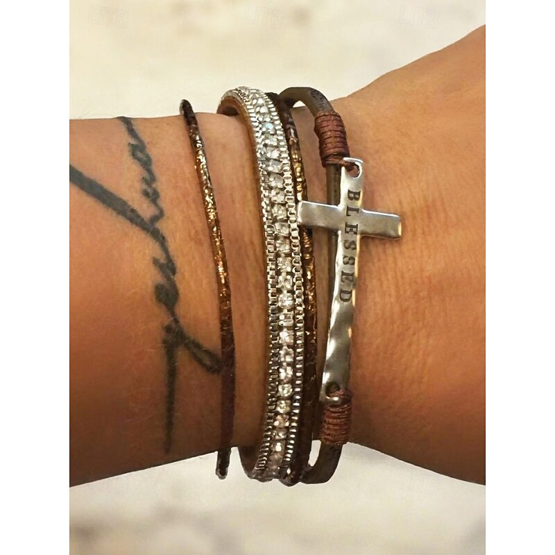 Women's Multi-Layer Rhinestone Cross Bracelet – Inspirational “Blessed” PU Leather Wrap Bangle for Casual, Church and Special Occasions2