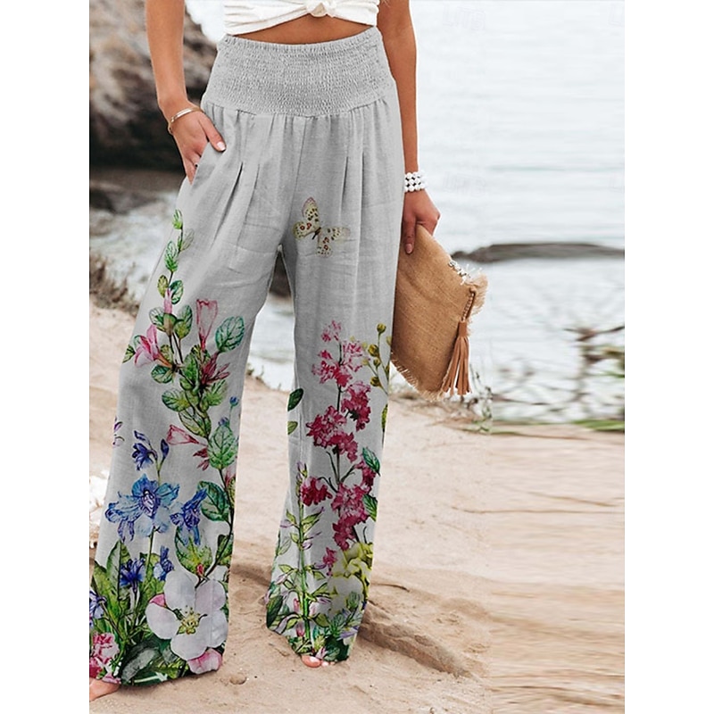 Women's Cotton Linen Pants Wide Leg Chinos Vacation Vintage Ethnic Style Full Length High Waist Floral Pocket Elastic Waist Printing Comfort Outdoor Stretchy Street Causal Daily Grey Red Blue Dark4