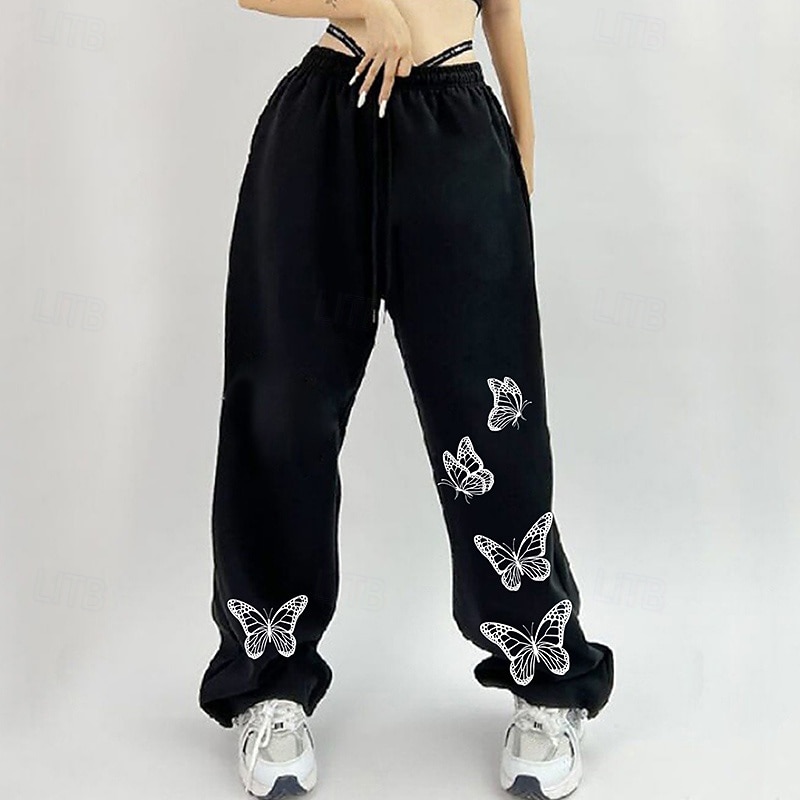 Women's Wide Leg Pants Sport  Sweatpants Sports Lounge Pants Pocket High Waist Bottoms Athleisure Gym Workout Fall Fashion Outdoor Sports Running Loose Fit Sportswear Activewear Butterfly Black White2