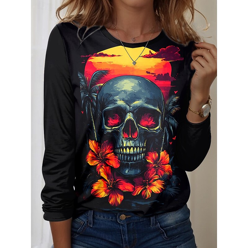 Halloween Women's T Shirt Skulls Graphic Vintage Fashion Casual Long Sleeve Crew Neck Regular Tops Daily Weekend Print Red Purple Orange Summer Spring Fall2
