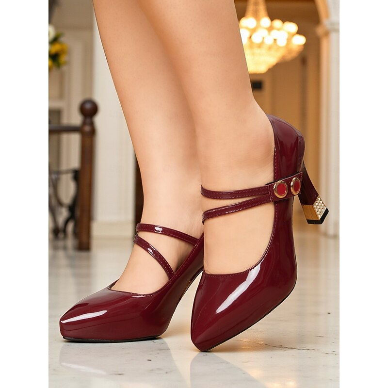 Women's Burgundy Patent Leather Mary Jane Heels - Square Toe Dress Shoes with Double Straps for Cocktail Parties & Evening Events